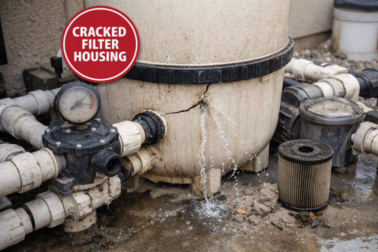 Cracked pool filter housing causing water leak during pool equipment repair