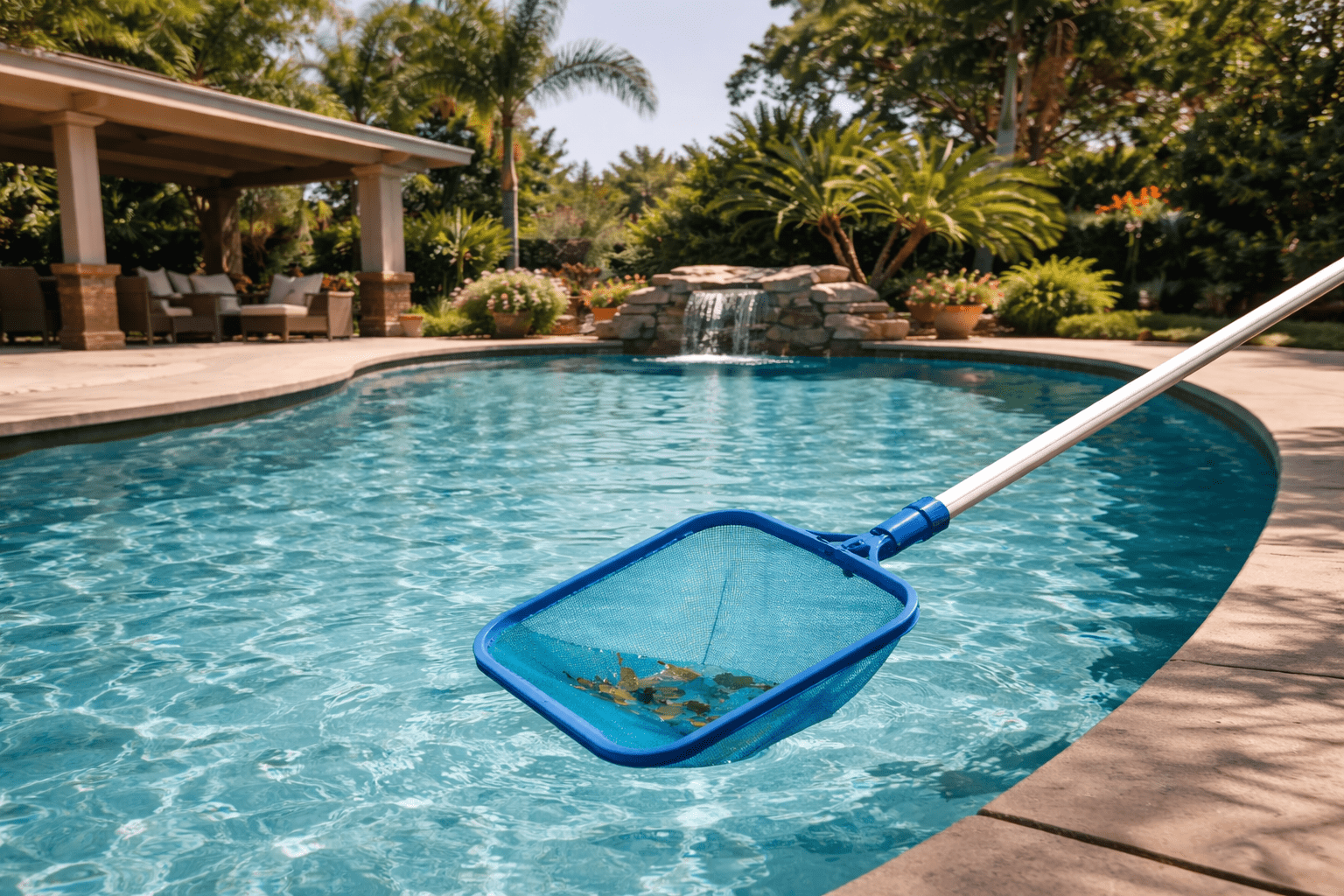 Clean swimming pool in Moreno Valley with pool technician using skimmer net to remove debris