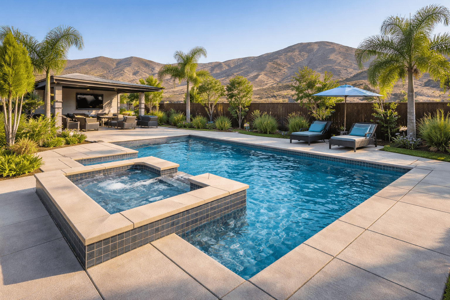 Modern backyard pool in Perris, CA with raised spa, concrete decking, palm trees, and mountain view. Pool Service in Perris